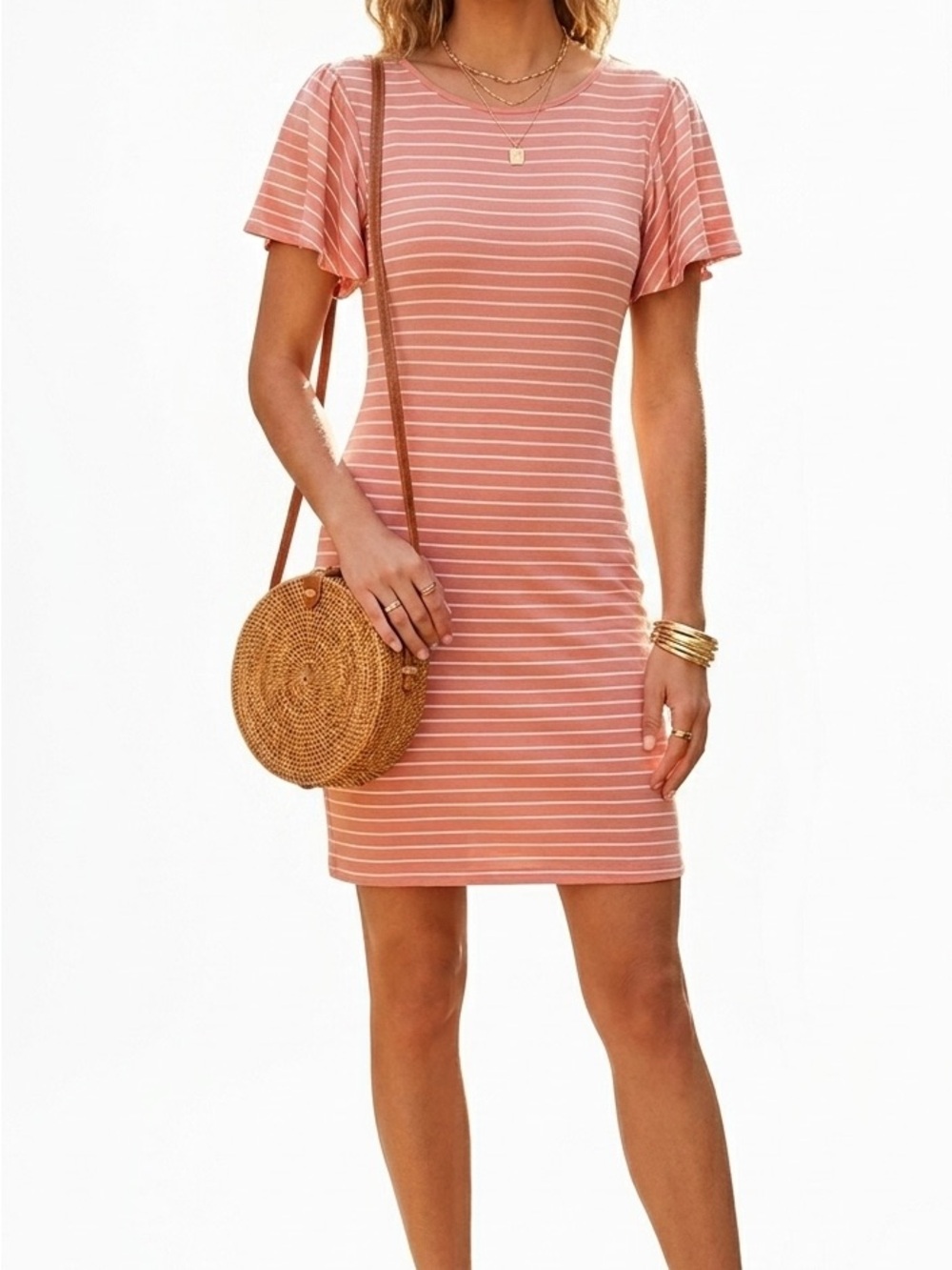 Striped Coral T-Shirt Dress Flutter Ruffle Sleeve Coastal Summer Size Large